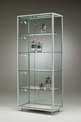Produktvitrine & Standvitrine 41,5 x 78 x 183,5 cm – schmale Glasvitrine abschließbar & rollbar & Spiegelrückwand – LED Beleuchtung – ideal für Ausstellungen, Messen & Geschäfte