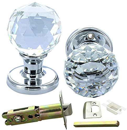 G Decor Crystal Glass Mortice Door Knob Pair – 60mm Clear Round Handles with Chrome Rose & Premium Adjustable 60–70mm Tubular Latch – Internal Door Handles for Bedroom, Living Room & Hallway