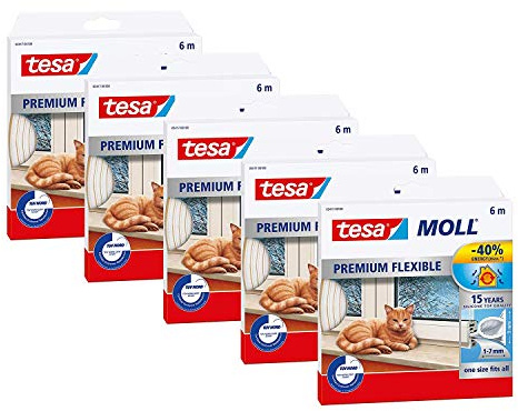 tesa INSULATION Dichtungsband Premium - Selbstklebende Silikondichtung zum Isolieren von Spalten an Fenstern und Türen - Transparent - 6 m x 9 mm x 7 mm (Transparent, 5 Packungen)