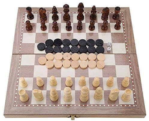 Klappbar Schachbrett, 3-in-1-Schach aus Holz, das Schach, Dame und Backgammon kombiniert, Reiseschach, für Kinder und Erwachsene
