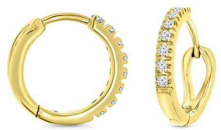 Miore - Orecchini Cerchio con Diamanti Naturali incassati in oro Giallo 14KT 585, Orecchini Classici a lobo con Brillanti. Cerchi anallergici. Chiusura con perno passante a scatto.