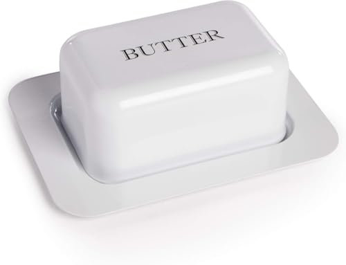 Butter Dish with Lid | Vintage Design | Non Shatter | Enamel Butter Dish | Kitchen Storage | Traditional Styling | M&W (White, One Size)