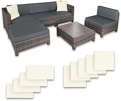 tectake Gartenmöbel Set, Lounge aus Poly Rattan und Aluminium, Balkon Möbel Set mit 10 cm Polsterung und Kissen, ideal für Garten und Balkon, inkl. 2 Sessel, 2 Ecksessel, 1 Tisch, 1 Hocker - grau
