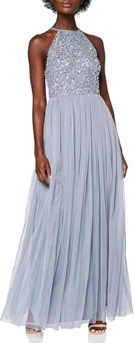 Maya Deluxe Vestido Largo de Dama de Honor para Mujer, Cuello Halter, Lentejuelas, Adornado, graduación, Boda, Dusty Azul, 36