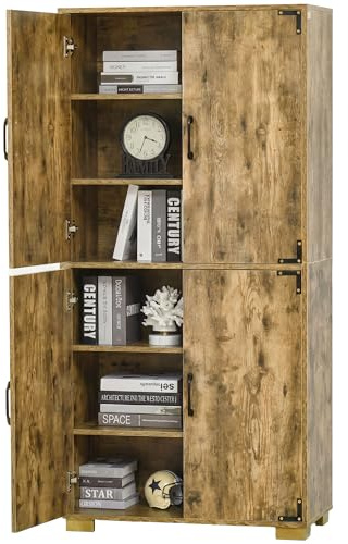HOMCOM Farmhouse 4-Door Cabinet, Freestanding Tall Cupboard with Storage Shelves for Bedroom & Living Room, Rustic Wood Effect