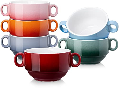 LOVECASA Multi-Color 12 OZ Soup Bowls with Handles, Ceramic Small French Onion Soup Bowls, Mini Soup Mugs Serving Bowls for Kitchen, Microwave & Dishwasher Safe,Set of 6
