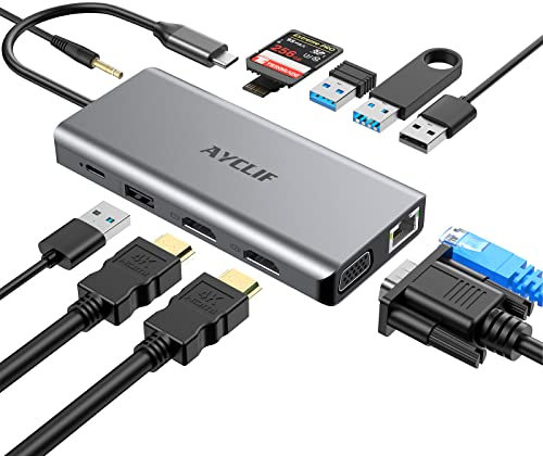 AYCLIF - Docking Station, AYCLIF 12 en 1 Hub USB C Quadruple Display Thunderbolt 4 Dock para MacBook Pro/Air/M1 DELL HP Lenovo (4K Dual HDMI, VGA, Ethernet, USB 3.0, PD 3.0, Ranuras SD/TF, Audio)