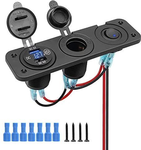 USB Car Charger Socket Panel, Cigarette Lighter Socket QC3.0 Car USB Charger Toggle Switch Panel with LED Digital Voltmeter ON OFF, for 12V/24V Truck Marine Boat RV ATV