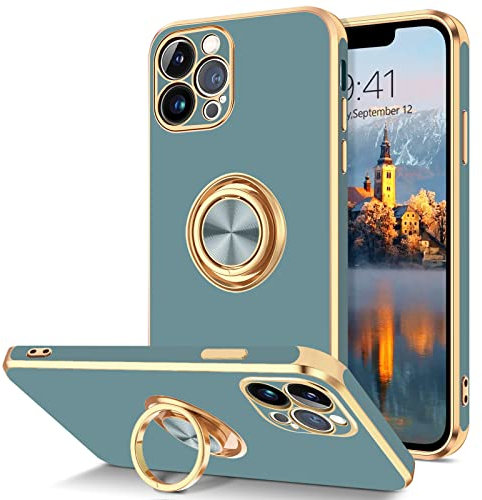 DOMAVER Case for iPhone 12 Pro with 360° Ring Holder, Shockproof Slim Kickstand Magnetic Support Car Mount Women Men Non-Slip Protective Phone Case for iPhone 12 Pro Max 6.7, Blue/Gold