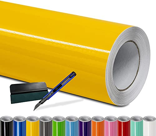 Folindo Autofolie Gelb Glanz (23€/m²) - 50 x 152 cm - Selbstklebende Auto Lackschutzfolie mit Luftkanal Technik – Blasenfreie Auto Folierung inkl. Rakel & Cutter – Car Wrapping Folie