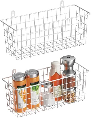 MaraFansie [Extra Large Wire Basket 2-Pack Hanging Wall Organizer Cabinet Storage Basket Wall Mounted Shelves Rustic Farmhouse Decor for Home Kitchen Bathroom, White