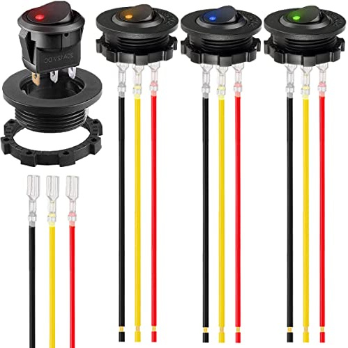 MKBKLLJY 4St. runder Wippschalter DC 12V 20A DC 24V 10A SPST 3Pin Ein Aus Rot/Blau/Grün/Gelb LED Beleuchteter Schalter für Auto Boot mit runder Schale verschlossene Klemme Drähte 4Farbe