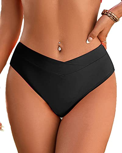 Fanuerg Women's Bikini Bottom Cross V Cut Front Swimsuit Full Coverage Bathing Suit Bottoms Black M