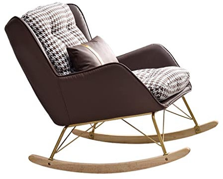 Massivholz-Schaukelstuhl, Liegestuhl, fauler Rückenlehnenstuhl, bequemer Kinderzimmer-Schaukelsessel, Massivholzsockel, moderner Mid-Century-Schaukelstuhl aus Stoff (Farbe: Dunkelbraun,