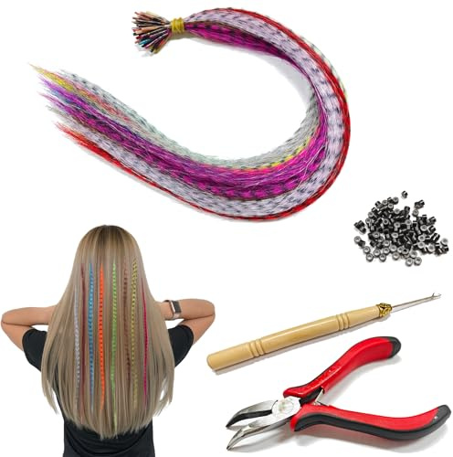 167pcs Synthetic Feathers Hair Extension set, Rainbow Colored Clip in Synthetic Hair for Party, 65 pcs Colorful Hairpieces with 100 Beads, Pliers and Hook for Girls, Women