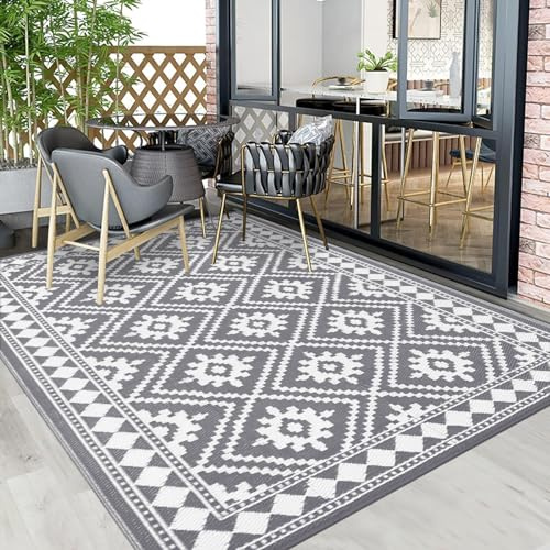 Enyhom Outdoor Teppich Wetterfest 150 x 240 cm, Wendbarer Bodenmatte Kunststoff Terrassenteppich Außenteppich UV-beständige RV Camping Balkon Teppich für Patio Strand BBQ Picknick Deck Wohnzimmer