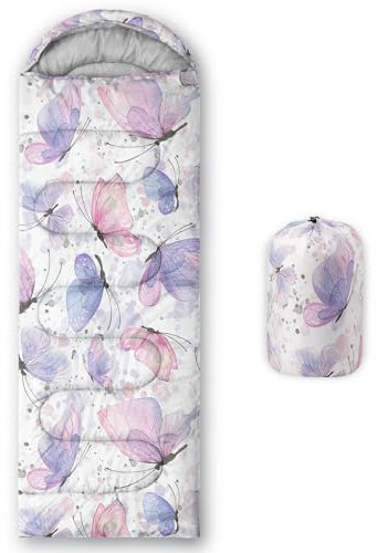Smell Sunshine Kinder-Schlafsack für Jungen und Mädchen, rosa und lila, mit Schmetterlings-Aufdruck, leicht, warm, tragbar, für drinnen und draußen, wasserdicht, kältebeständig, Schlafsack für