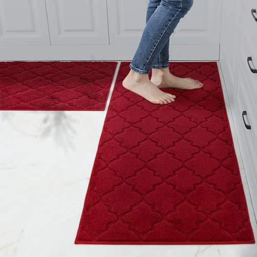 COSY HOMEER Küchenteppich 2 Stück, Teppich Küche Waschbar rutschfest, Küchenläufer, Teppichläufer Flur, Teppich Läufer für Küche, Flur, Wohnraum (60 x 90 cm + 60 x 150 cm, Rot)