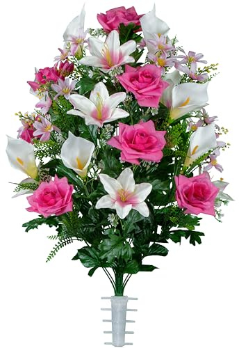 Pink Roses, White Lily & Calla Lilies - 36 Flowers in Bouquet - Sympathy Silks Flowers For Cemeteries - Cemetery Flowers for Grave - Mothers Day Spring Summer Arrangement