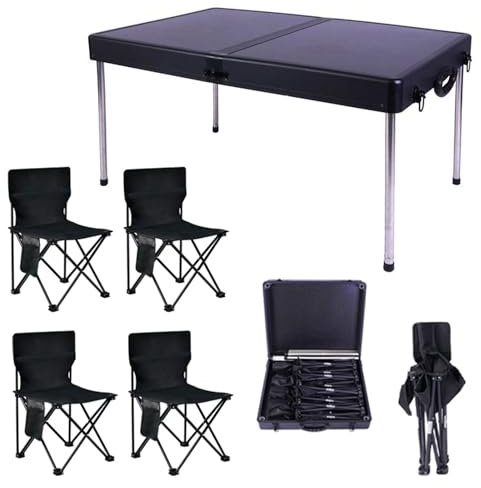 5 Stück Klapptisch und Stühle, schwarzer tragbarer Campingtisch, Faltbarer Picknicktisch und 4 Stühle, Aluminium-Klapptisch für Strand, Angeln, Wandern