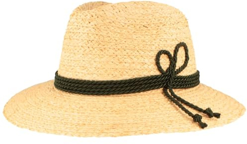 Breiter Strohhut Sommerhut Sonnenhut Traveller Trachtenhut mit 4-facher Kordel und Einfass – Hut leicht & Flexibel Natur Raffia S