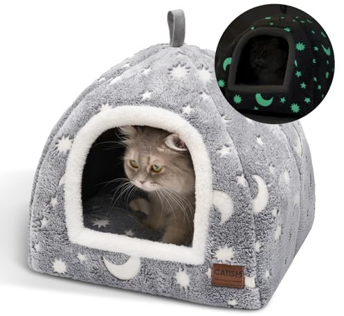 CATISM Fluoreszierende Katzenhöhle - 40x40x38cm Leuchtend Katzenbett Katzenhaus Kuschelhöhle, Faltbar Waschbar Bequemer Katzenschlafplatz für Katzen Kätzchen Welpen mit Abnehmbarem Katzenkopfkissen