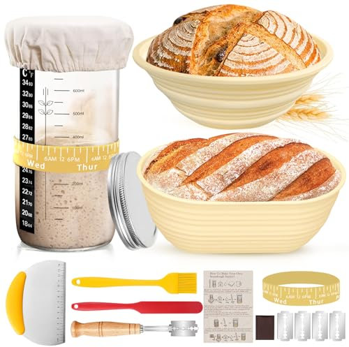 Sourdough Starter Kit Bread Baking Supplies,34oz Sourdough Starter Jar, 9 Inch Round + 10 Inch Oval Bread Proofing Basket,Thermometer,Feeding Time Tracker,Metal Scraper Bread Making Accessories
