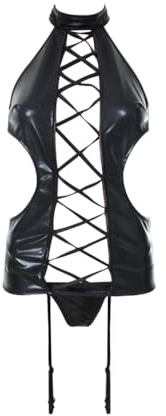Satohom Vestito natalizio da donna, sexy, in pelle verniciata, mini abito aderente con scollo a V, biancheria intima in rete, effetto bagnato, con lacci, senza maniche, allacciatura al collo, corto e