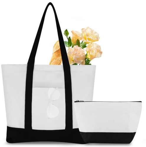 DASHUAIGE Strandtasche aus Segeltuch für Frauen mit Make-up-Tasche, DIY personalisierte Blanko-Tragetasche mit Reißverschluss, große Kapazität, Einkaufstasche, Reisetasche, wiederverwendbare