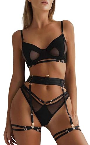 Rayson Lingerie Hot Set Donna Sexy Biancheria Intima con Reggiseno Ferretto e Mutandine con Catena a Girocollo Rimovibile, Polsini per Le Cosce, Calze（C