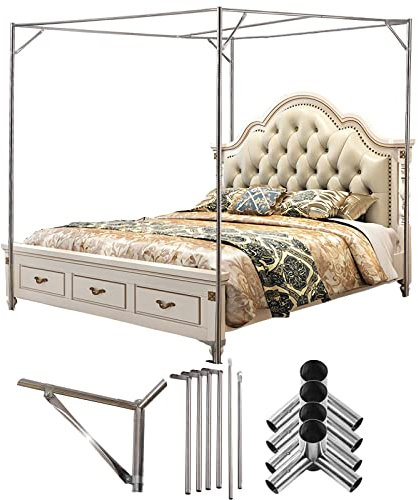 Betthimmel-Netzrahmen aus Edelstahl mit geneigter Stange und hängender Fächerstange, Moskitonetz-Halterung für 4 Eckbetten, 1,8 x 2 m T-Rahmen-Design, Nähfuß im Lieferumfang enthalten
