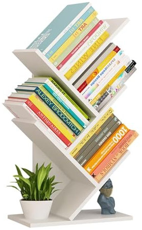 4-stufiges Baum-Bücherregal, bodenstehendes Retro-Bücherregal, Aufbewahrungsregal, Schreibtisch-Organizer-Regal aus Holz, freistehendes Boden-Desktop-Bücherregal, CD-Disp für Bücher, Zeitschriften,