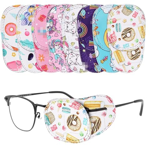 Telooco 8Pcs Eye Patches for Kids Reusable Cartoon Kids Eye Patch for Glasses Over The Lens Colorful Unicorn Fun Animals Eyepatch for Children Amblyopia Strabismus