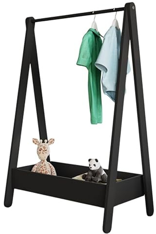 URBNLIVING Perchero de madera para colgar ropa para niños, estante de almacenamiento adicional (negro)