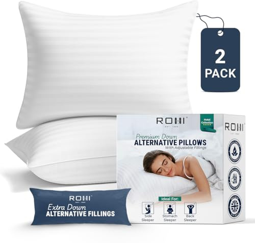 Rohi Satin Striped Hotel Quality Pillows 2 Pack - Adjustable Firmness & Comfort with Extra Microfibre Filling - Ideal for All Sleep Positions - Feels Like Down Pillows Pack of 2 - (75cm x 50cm)