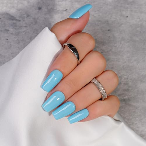 KQueenest Light Blue Press on Nails Long Square, Medium Coffin False Nails with Glue, Glossy Pastel Sky Blue Fake Nails Press ons, Natural Fit, Reusable Soft Gel Stick on Nail for Women 24 Pcs