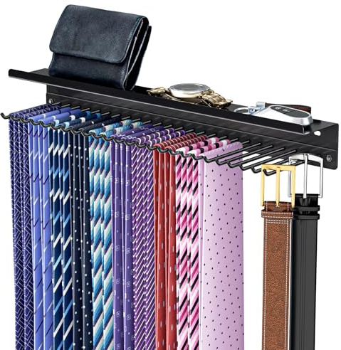 Tie Rack Wall Mount, Tie Hanger for Wardrobe, Adhesive Tie and Belt Holder, Ties Organizer for Closet, Belt Organizer with 25 Hooks & Storage Rack, Belt Hanger for Scarf, Bra, Tank Top (Black)