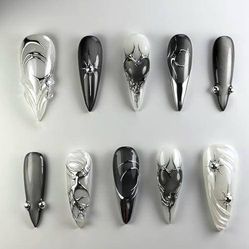 Yamobi Press on Nails Sommer, Y2K Stil, 24 Stück Almond - Form, Schwarze Glänzende Acrylnägel mit Silbernen Sternen, Völlig Abgedeckte,Dekoration für Frauen