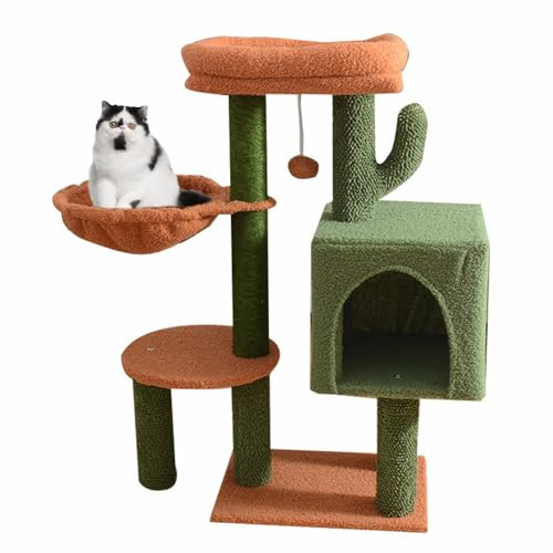 Cat Condo for Indoor Cats, Cactus Cat Tree 35.4- Medium Cat Tower W/Sisal Scratching Post, Large Padded Top Perch, Comfy Hammock and 2 Dangling Balls for Small-Medium Cats