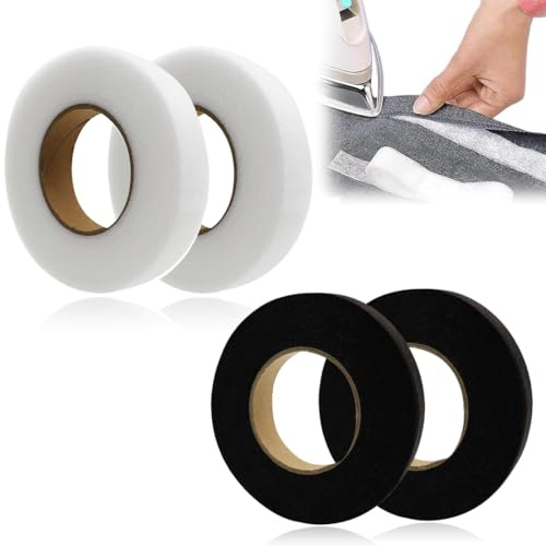 KEWUF 4 Pezzi (64 M/Rotolo) 10 mm di Larghezza Nastro, Termoadesivo per Tessuti, Stirare il Nastro per Cuciture, Non è Necessario Cucire per Giuntare Tessuti, Tende, Pantaloni, Vestiti (Nero, Bianco)