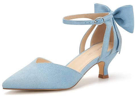 Carcuume Women's Kitten Heels with Bow Closed Toe Sandals Ankle Strap Wedding Pump Shoes, Light Blue, 5.5 UK