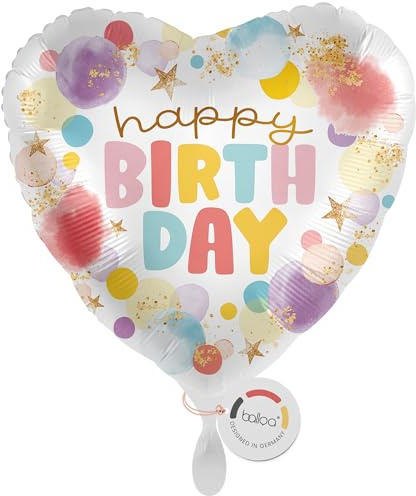 balloa Folienballon Happy Birthday Herzballon, Geschenk zum Geburtstag, bunter Ballon mit Sternen und Punkten, Luftballon Helium geeignet, Deko für Kinder Frauen Männer, Geburtstagsdekoration, 33cm