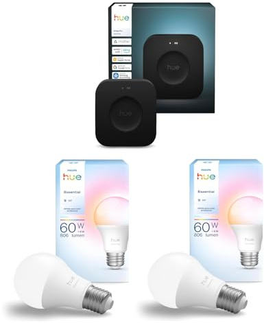 Philips Hue Bundle – 2x White & Color Ambiance 806 lm A60 E27 LED Smart Lampen + Hue Bridge Pro | Smarte Beleuchtung, WLAN-Steuerung, Kompatibel mit Alexa & Google Home