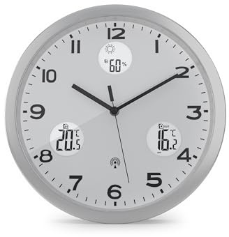 Mebus Reloj de Pared inalámbrico, Esfera Blanca, indicador de Temperatura Interior y Exterior, con transmisor Exterior, Humedad del Aire, Modelo 13150