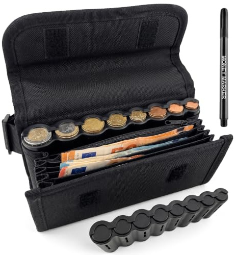 JNEYVIC Clasificador de Monedas y Billetes Euro con Muelle Riñonera Dinero Camarero Tela Oxford 600D Impermeable con Bolígrafo Detector Billetes Falsos Bolso Portamonedas Taxi Autobús Cajitas Monedas