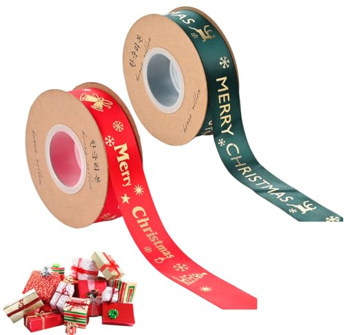 YUPZAR 2 Rollos Cinta de Navidad 2,5cm x 25m con Motivo Árbol y Campanas | Cinta Decorativa Merry Christmas Dorada para Envolver Regalos, Árbol de Navidad, Manualidades, DIY, Decoración Hogar