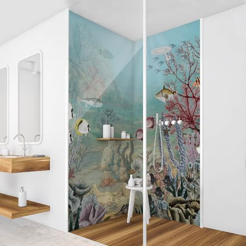 micasia Duschrückwand selbstklebend wasserfest Strand Hartfolie fugenlos Wandpaneel - made in Germany - Fisch Aquarell matt bunt Bad Wandverkleidung für Duschkabine 2054-P (80x200cm)