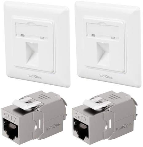 Lumonic Uppsättning av 2 Keystone infälld ram inkl. CAT7-modul | 1-port snap-in I Verktygslös Keystone-montering | Standard 55-system | Ethernet upp till 10 Gbit/s AWG22-24 | RJ45 helt skärmad |