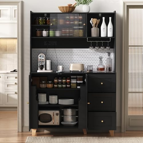 Lahoomu Hochschrank mit Steckdosen und Lochbrett, Barschrank mit Weinglashaltern und Stauraum, Küchen-Buffetschrank mit Schubladen, für Küche und Esszimmer (Schwarz)