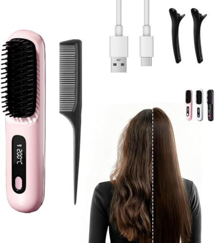 clinora Die ERSTE intelligente Syling-Bürste für kurzes Haar，Kabellose Glättbürste mit LED-Anzeige, 3 Temperaturstufen tragbare, wiederaufladbare Bürste Für Glätten und Locken